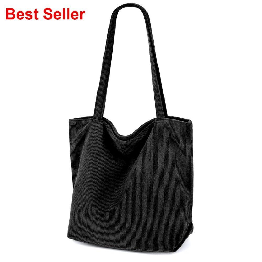 Large Corduroy Tote Bag with Zipper, Anti-Theft Design, Recycled Material